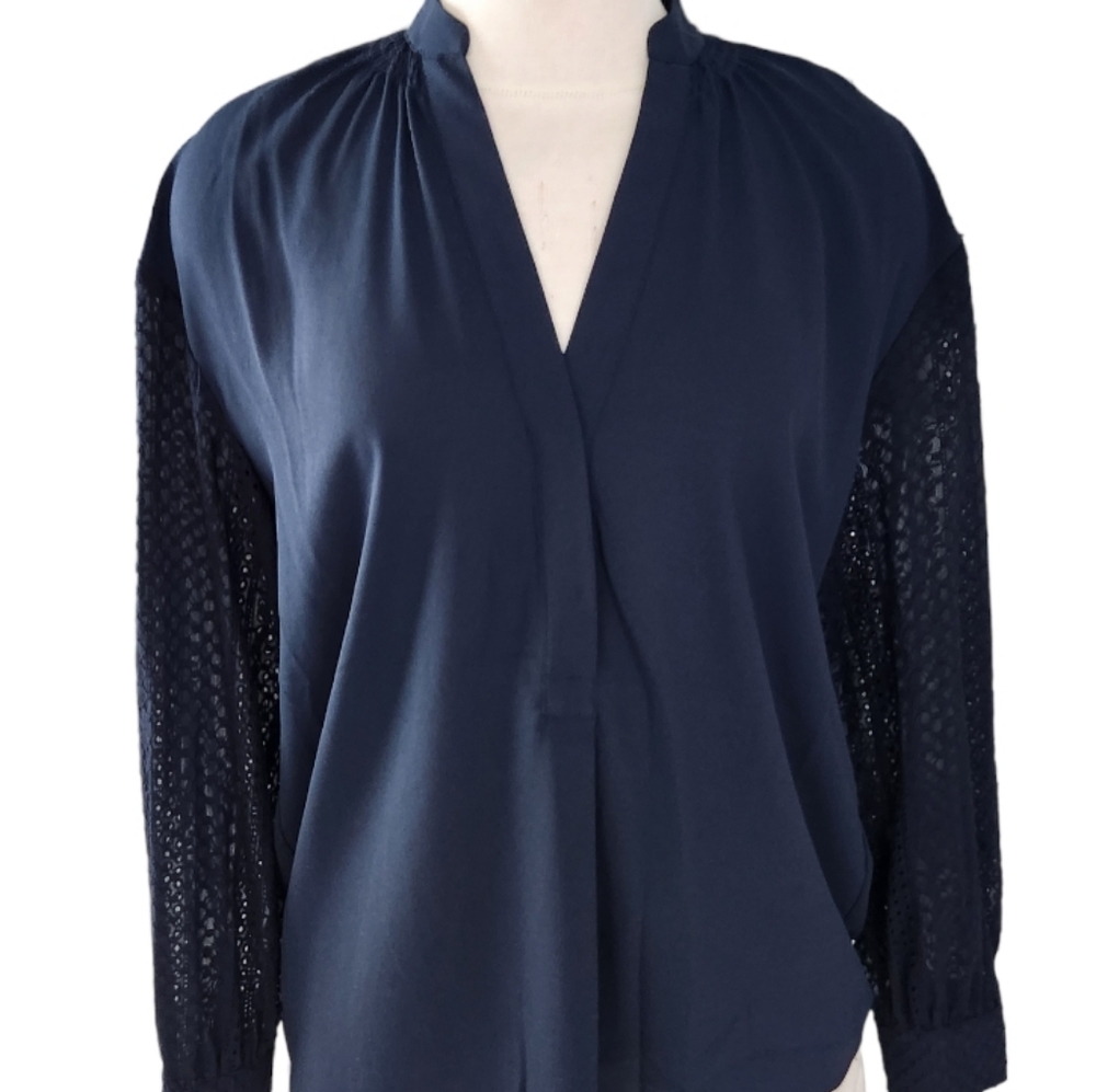 Club Monaco Navy Blue Lace Sleeve Blouse - Picture 11 of 14